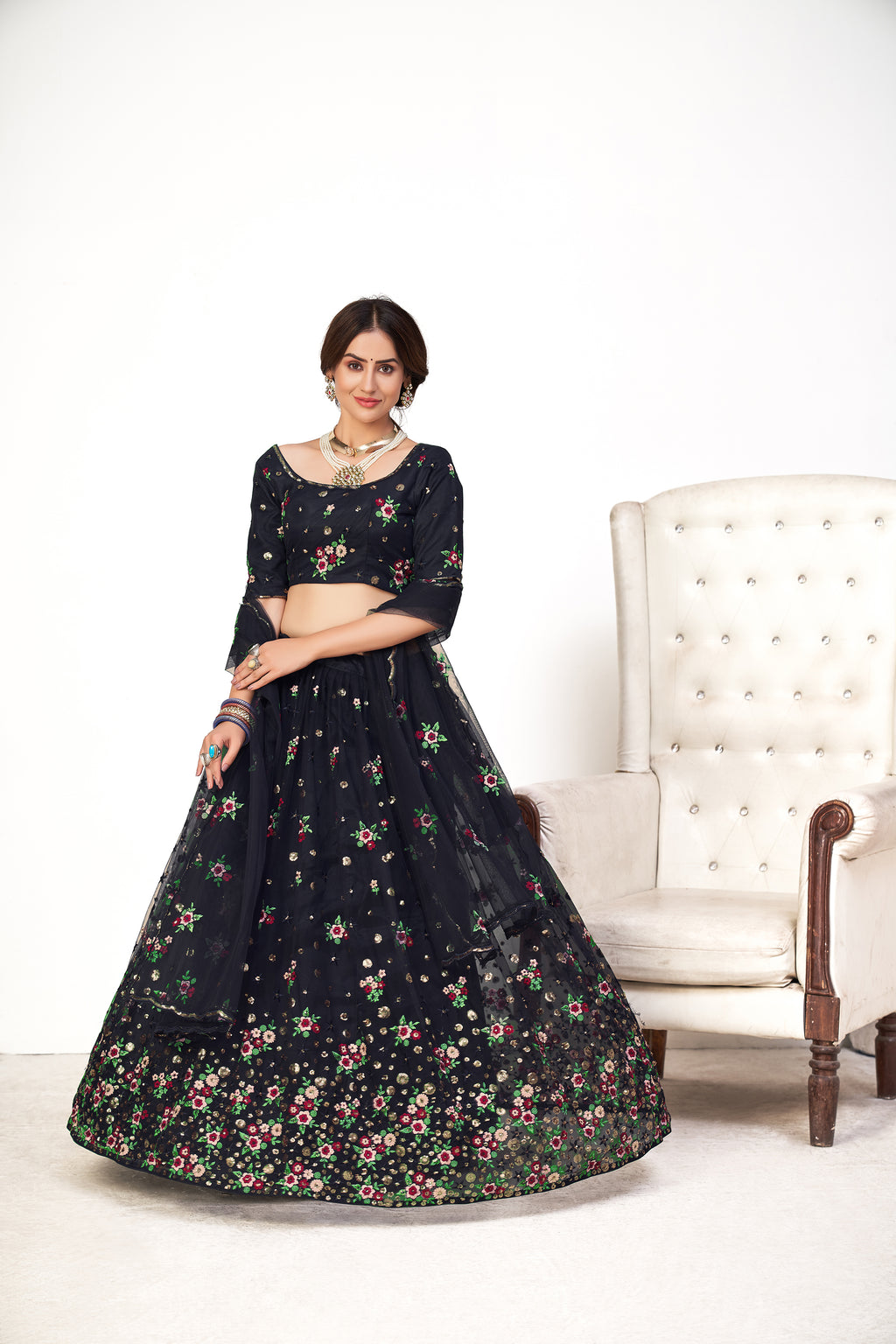 Glamorous Navy-Blue Embroidered Net Party Wear Lehenga Choli ClothsVilla