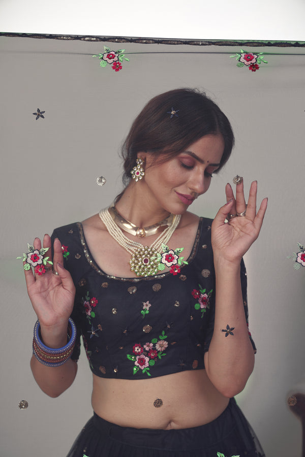 Glamorous Navy-Blue Embroidered Net Party Wear Lehenga Choli ClothsVilla