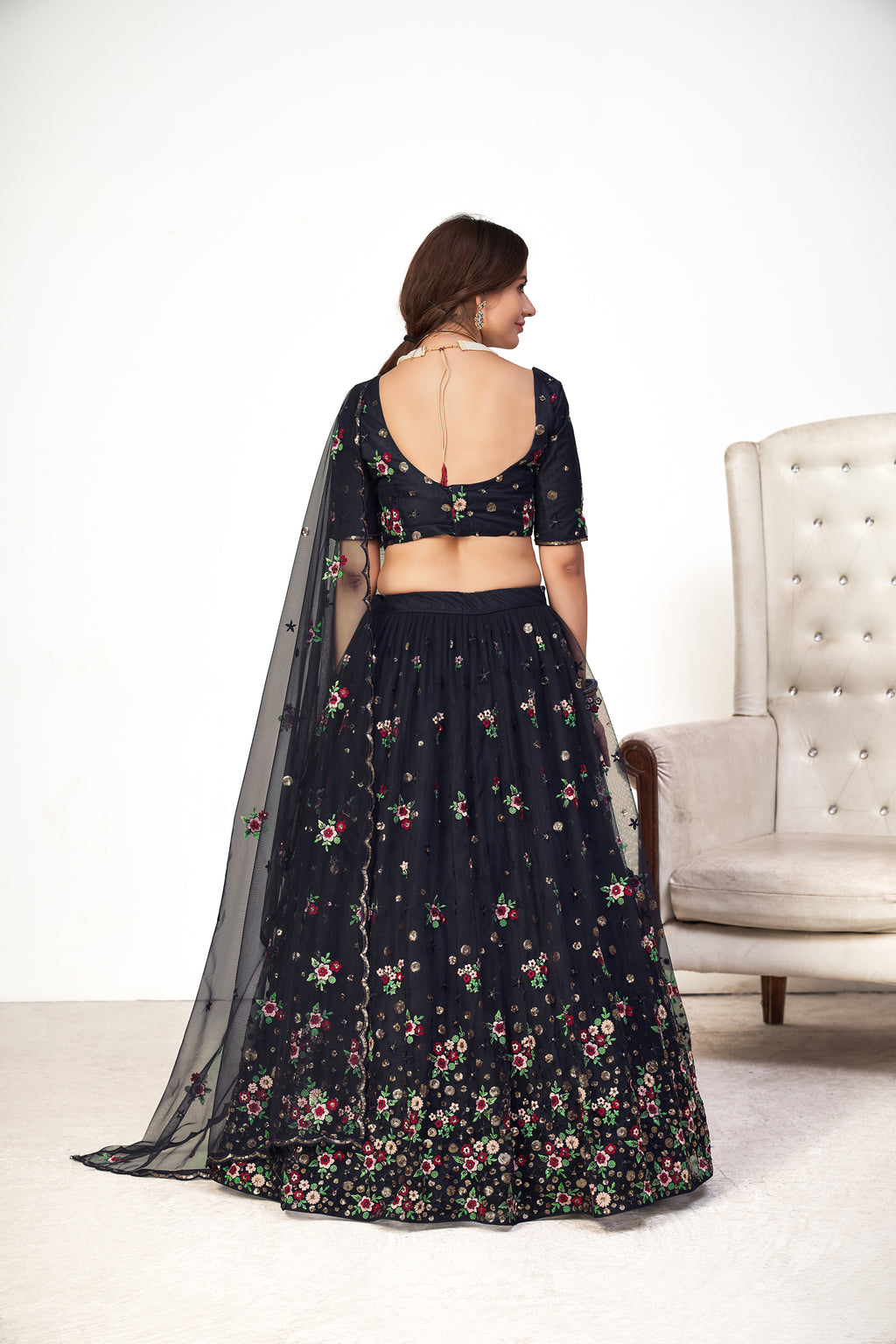 Glamorous Navy-Blue Embroidered Net Party Wear Lehenga Choli ClothsVilla