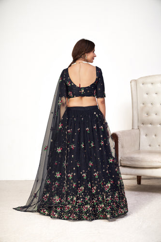 Glamorous Navy-Blue Embroidered Net Party Wear Lehenga Choli ClothsVilla