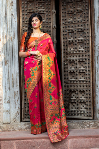 Glamourous Dark Pink Woven Silk Patola Fancy Saree ClothsVilla