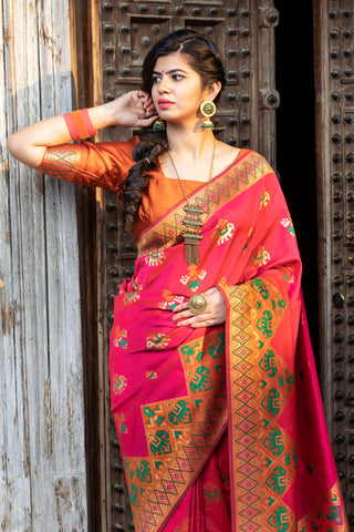 Glamourous Dark Pink Woven Silk Patola Fancy Saree ClothsVilla