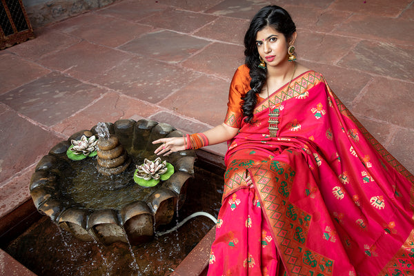 Glamourous Dark Pink Woven Silk Patola Fancy Saree ClothsVilla
