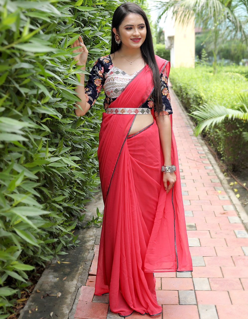 Glamourous Peach Color Saree With Stitched Blouse Clothsvilla Main image
