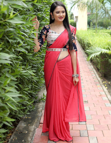 Glamourous Peach Color Saree With Stitched Blouse Clothsvilla