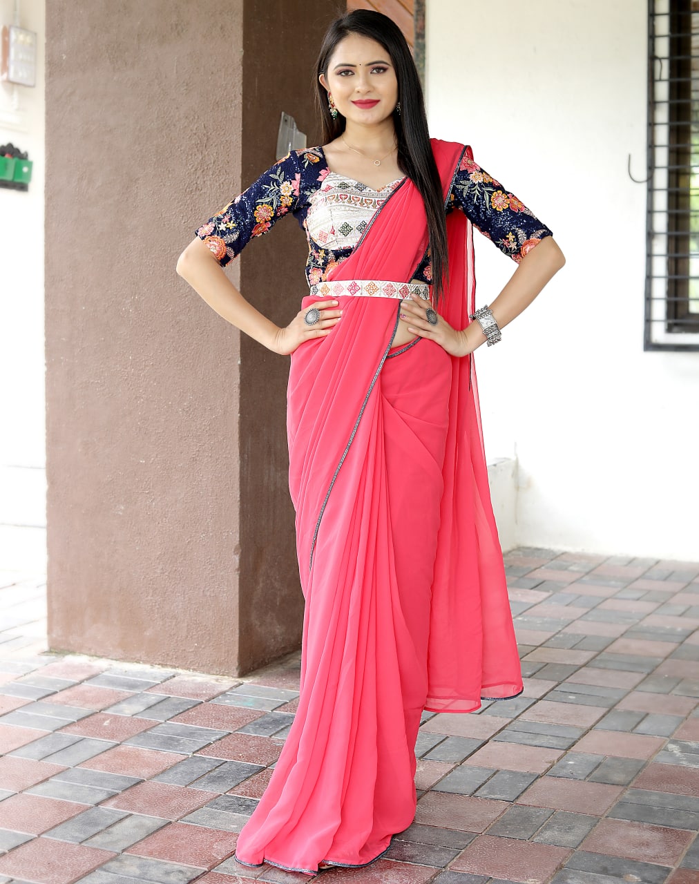 Glamourous Peach Color Saree With Stitched Blouse Clothsvilla