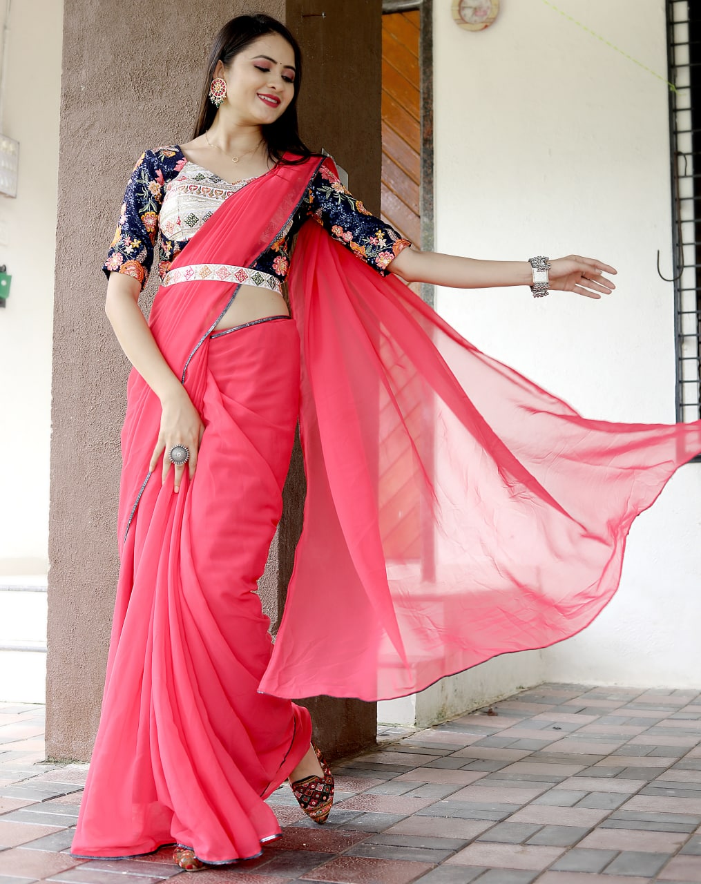 Glamourous Peach Color Saree With Stitched Blouse Clothsvilla