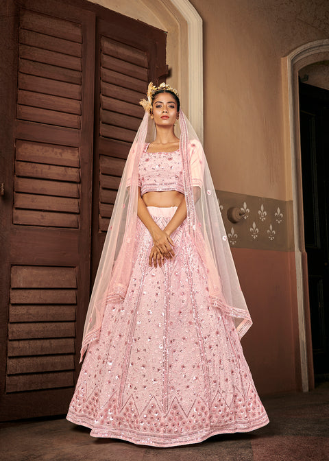 Glamourous Pink Sequins Embroidered Georgette Party Wear Lehenga ClothsVilla Main image