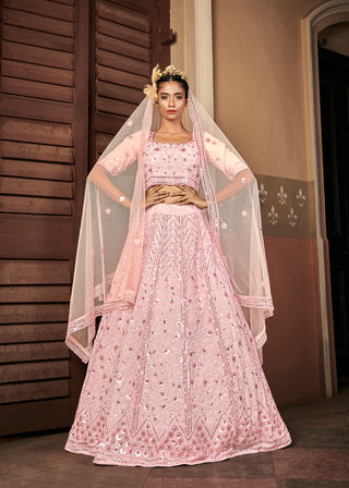 Glamourous Pink Sequins Embroidered Georgette Party Wear Lehenga ClothsVilla