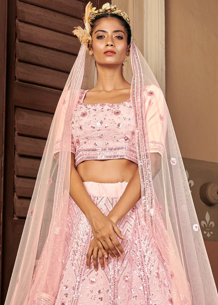 Glamourous Pink Sequins Embroidered Georgette Party Wear Lehenga ClothsVilla