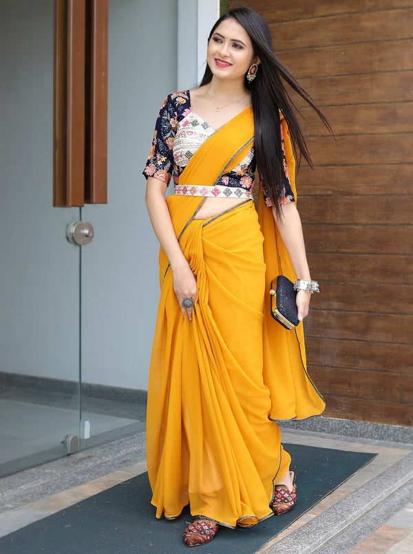 Glamourous Yellow Color Saree With Stitched Blouse Clothsvilla