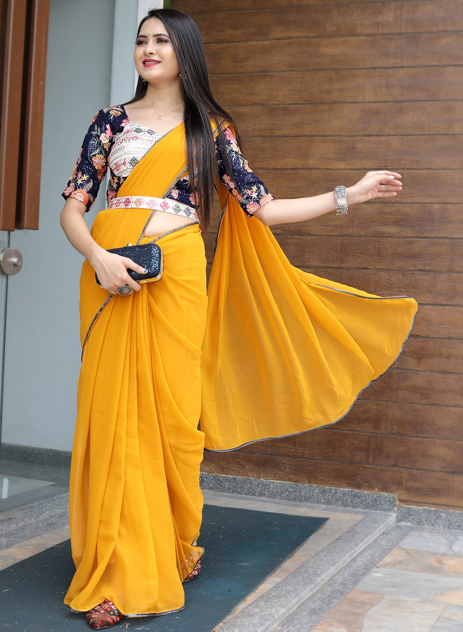 Glamourous Yellow Color Saree With Stitched Blouse Clothsvilla