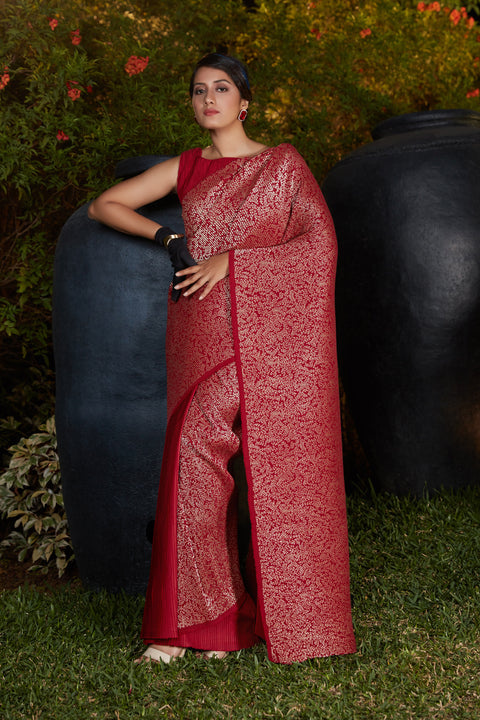 Glitzy Foil Print Maroon Designer Traditional Saree ClothsVilla Main image