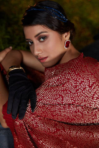 Glitzy Foil Print Maroon Designer Traditional Saree ClothsVilla