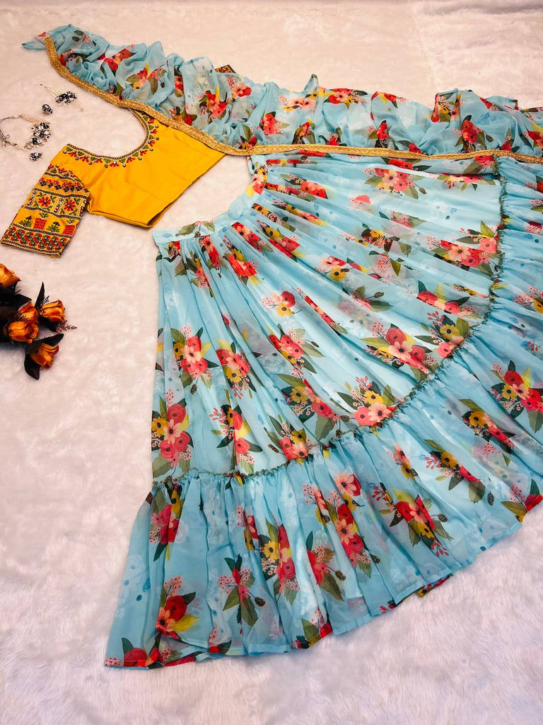 Glossy Floral Printed Sky Blue With Yellow Color Lehenga Choli Clothsvilla