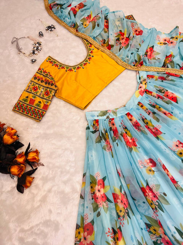 Glossy Floral Printed Sky Blue With Yellow Color Lehenga Choli Clothsvilla