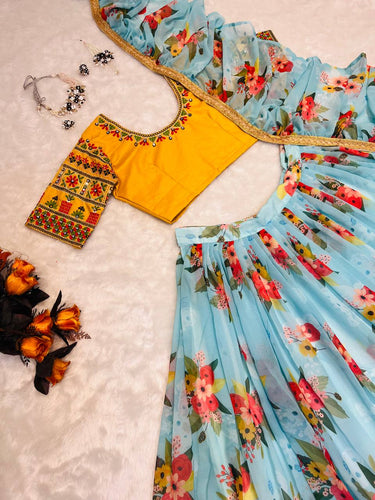 Glossy Floral Printed Sky Blue With Yellow Color Lehenga Choli Clothsvilla