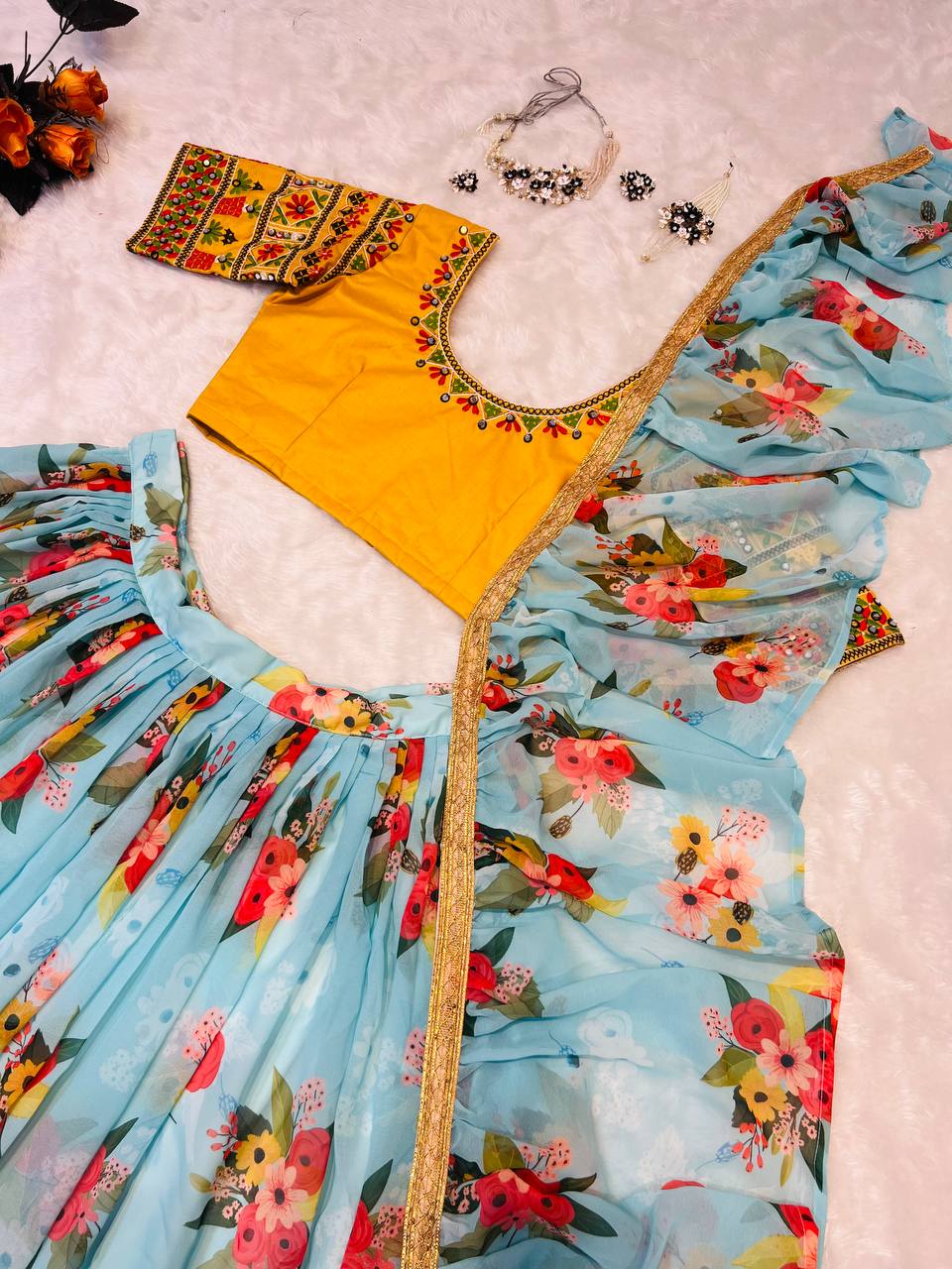 Glossy Floral Printed Sky Blue With Yellow Color Lehenga Choli Clothsvilla