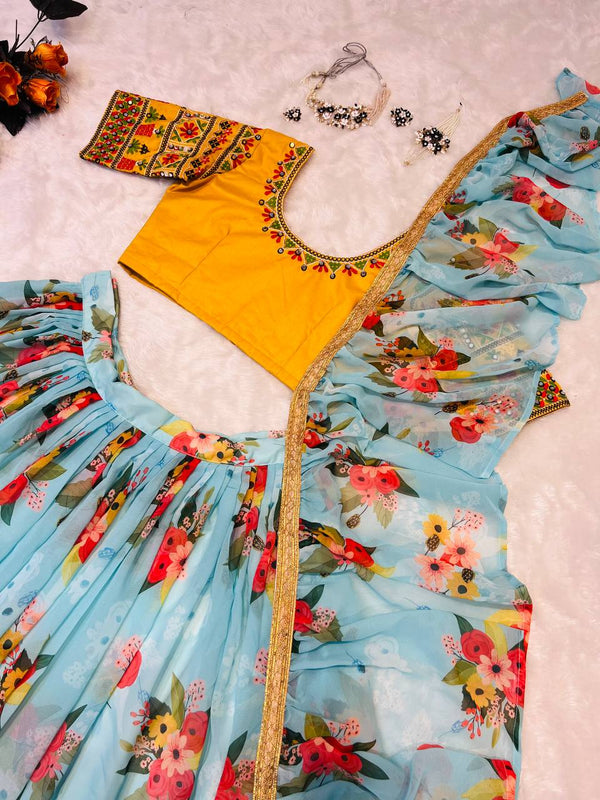 Glossy Floral Printed Sky Blue With Yellow Color Lehenga Choli Clothsvilla