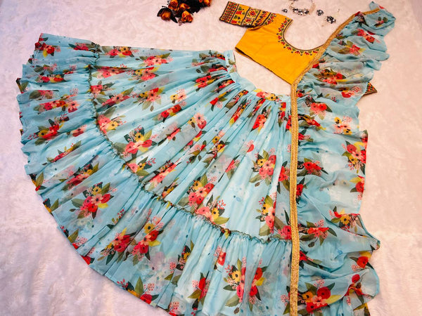 Glossy Floral Printed Sky Blue With Yellow Color Lehenga Choli Clothsvilla