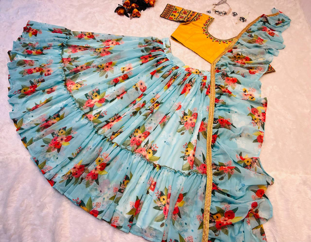 Glossy Floral Printed Sky Blue With Yellow Color Lehenga Choli Clothsvilla