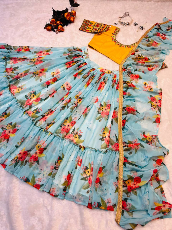 Glossy Floral Printed Sky Blue With Yellow Color Lehenga Choli Clothsvilla