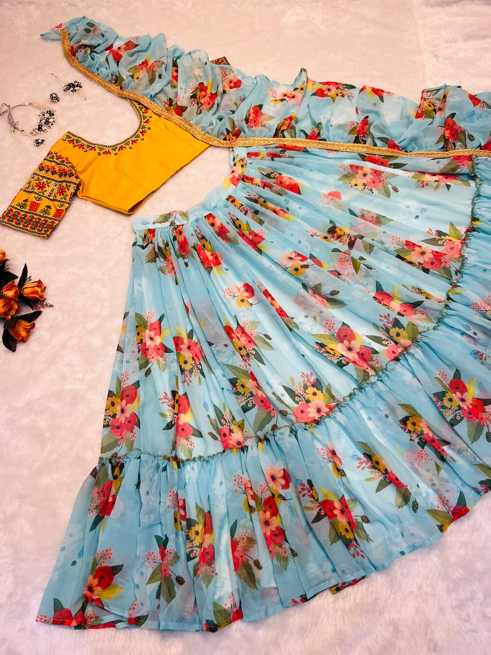 Glossy Floral Printed Sky Blue With Yellow Color Lehenga Choli Clothsvilla