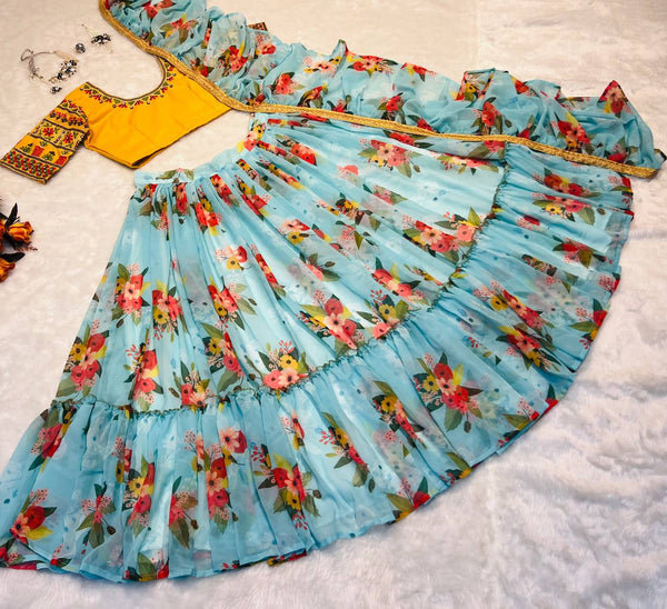 Glossy Floral Printed Sky Blue With Yellow Color Lehenga Choli Clothsvilla