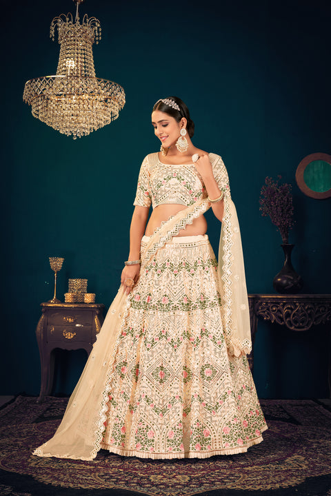Gorgeous Beige Embroidered Sangeet Wear Lehenga Choli In Georgette Fabric ClothsVilla Main image