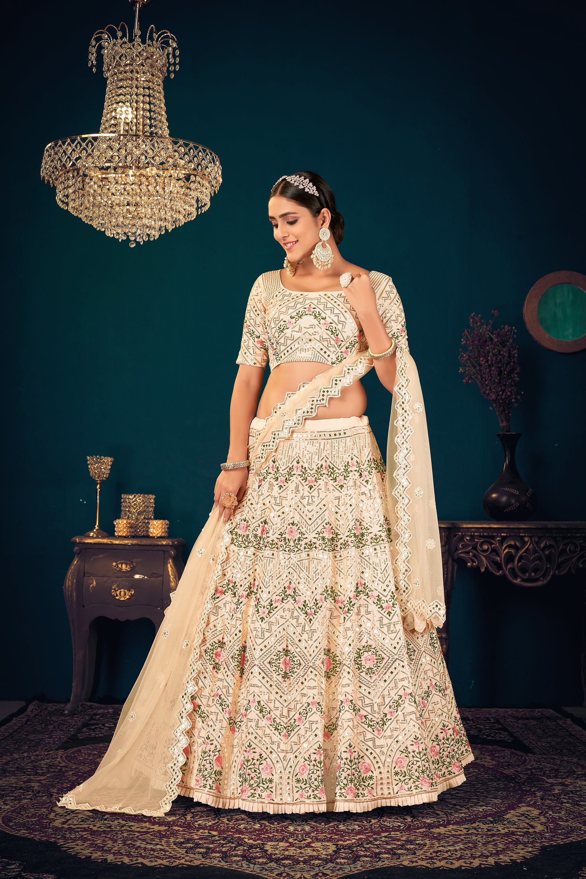 Gorgeous Beige Embroidered Sangeet Wear Lehenga Choli In Georgette Fabric ClothsVilla