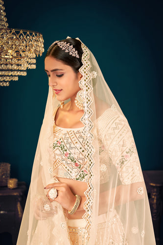 Gorgeous Beige Embroidered Sangeet Wear Lehenga Choli In Georgette Fabric ClothsVilla