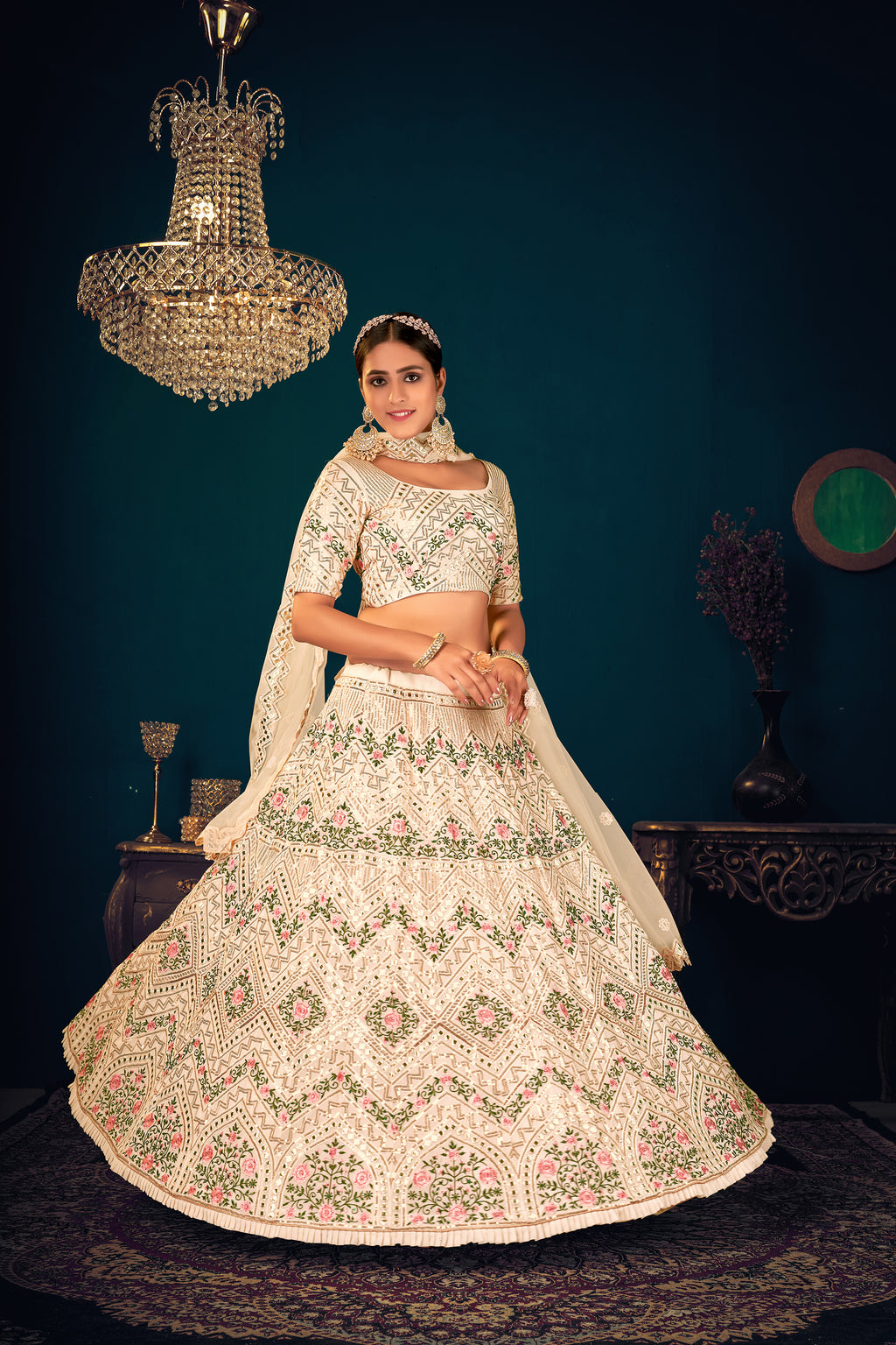 Gorgeous Beige Embroidered Sangeet Wear Lehenga Choli In Georgette Fabric ClothsVilla