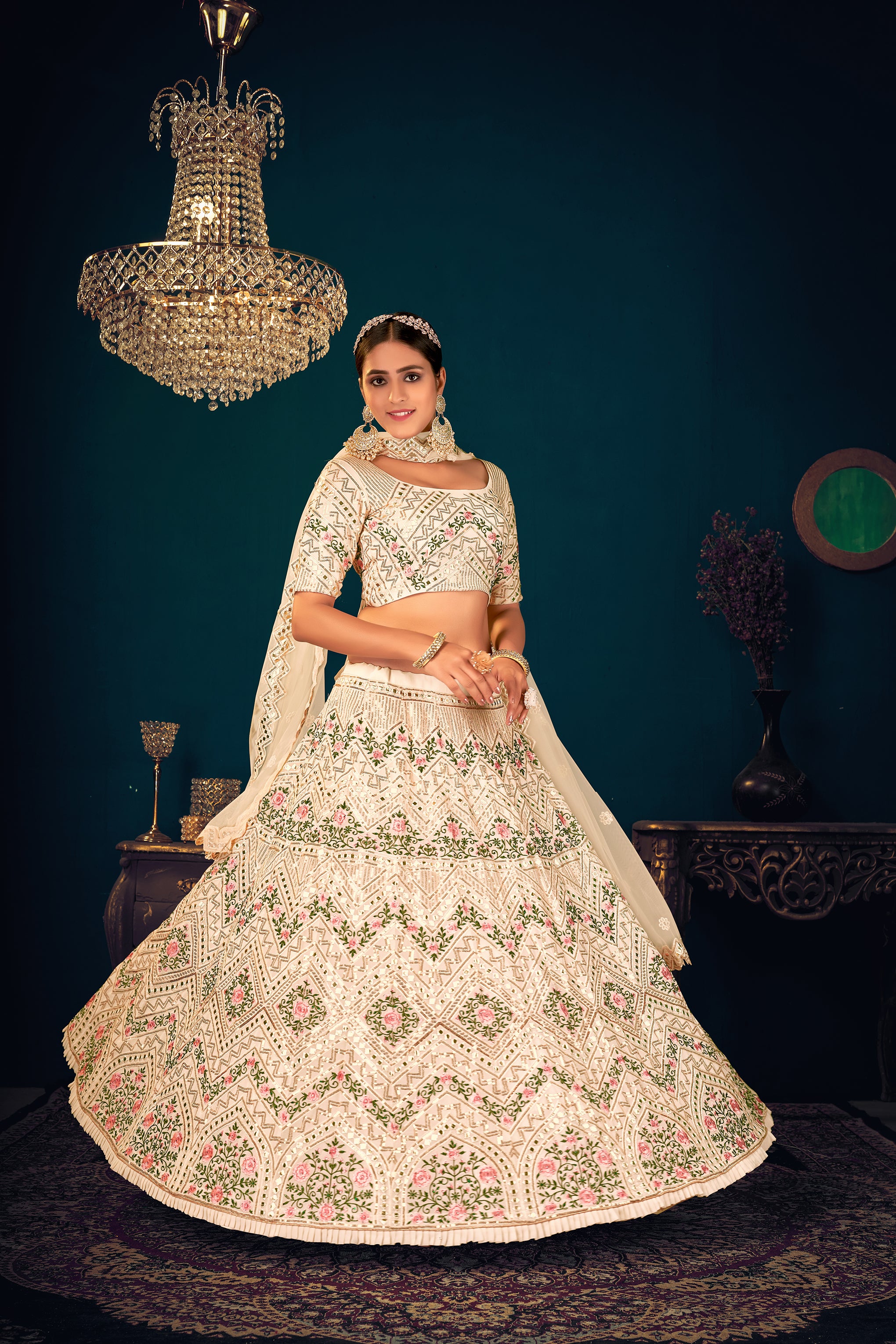 Gorgeous Beige Embroidered Sangeet Wear Lehenga Choli In Georgette Fabric ClothsVilla