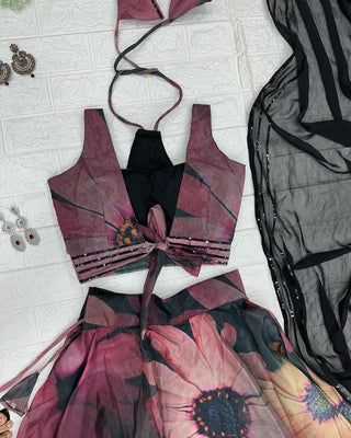 Gorgeous Black Color Digital Print Organza Lehenga Choli Clothsvilla