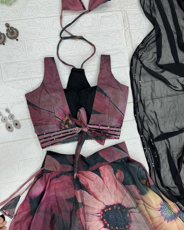 Gorgeous Black Color Digital Print Organza Lehenga Choli Clothsvilla