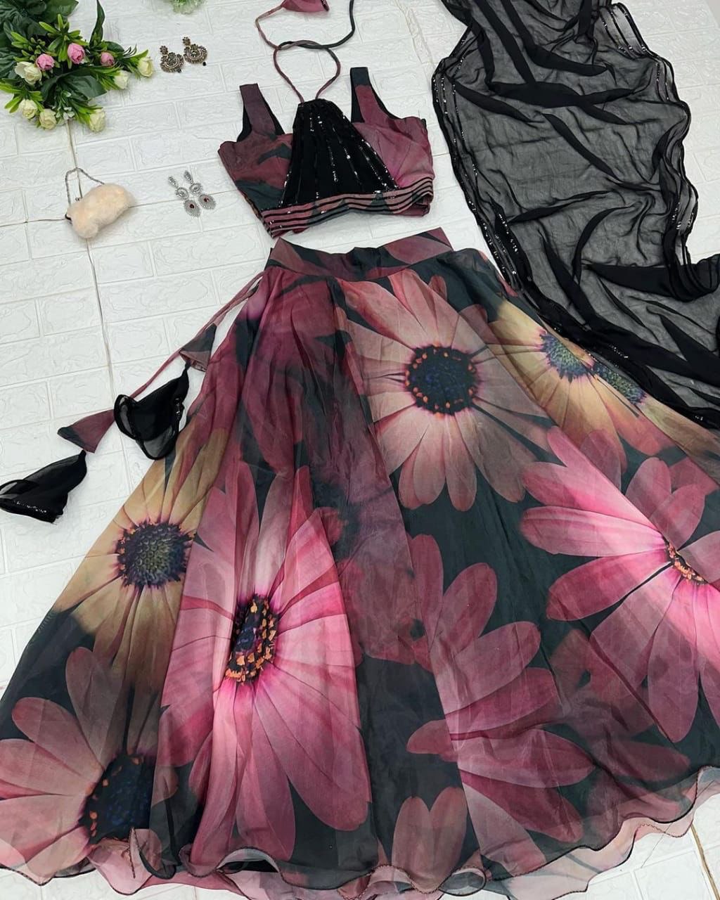 Gorgeous Black Color Digital Print Organza Lehenga Choli Clothsvilla