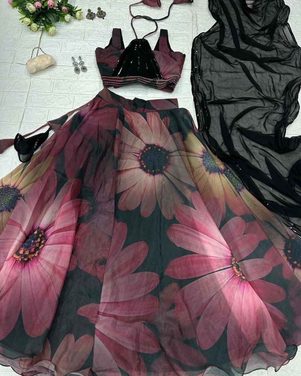 Gorgeous Black Color Digital Print Organza Lehenga Choli Clothsvilla