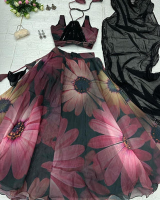Gorgeous Black Color Digital Print Organza Lehenga Choli Clothsvilla
