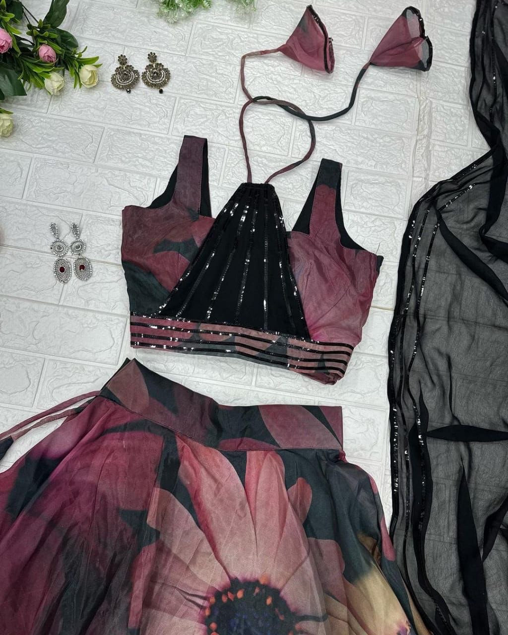 Gorgeous Black Color Digital Print Organza Lehenga Choli Clothsvilla