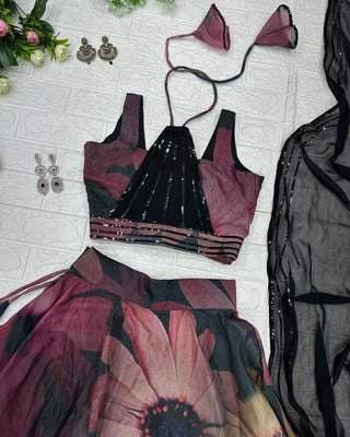 Gorgeous Black Color Digital Print Organza Lehenga Choli Clothsvilla