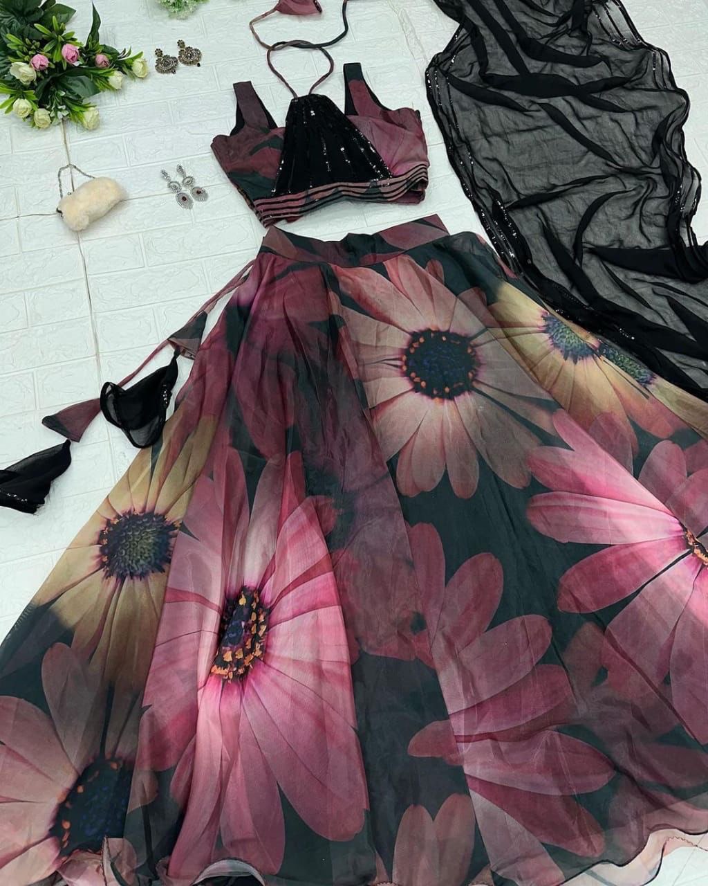 Gorgeous Black Color Digital Print Organza Lehenga Choli Clothsvilla