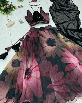 Gorgeous Black Color Digital Print Organza Lehenga Choli Clothsvilla