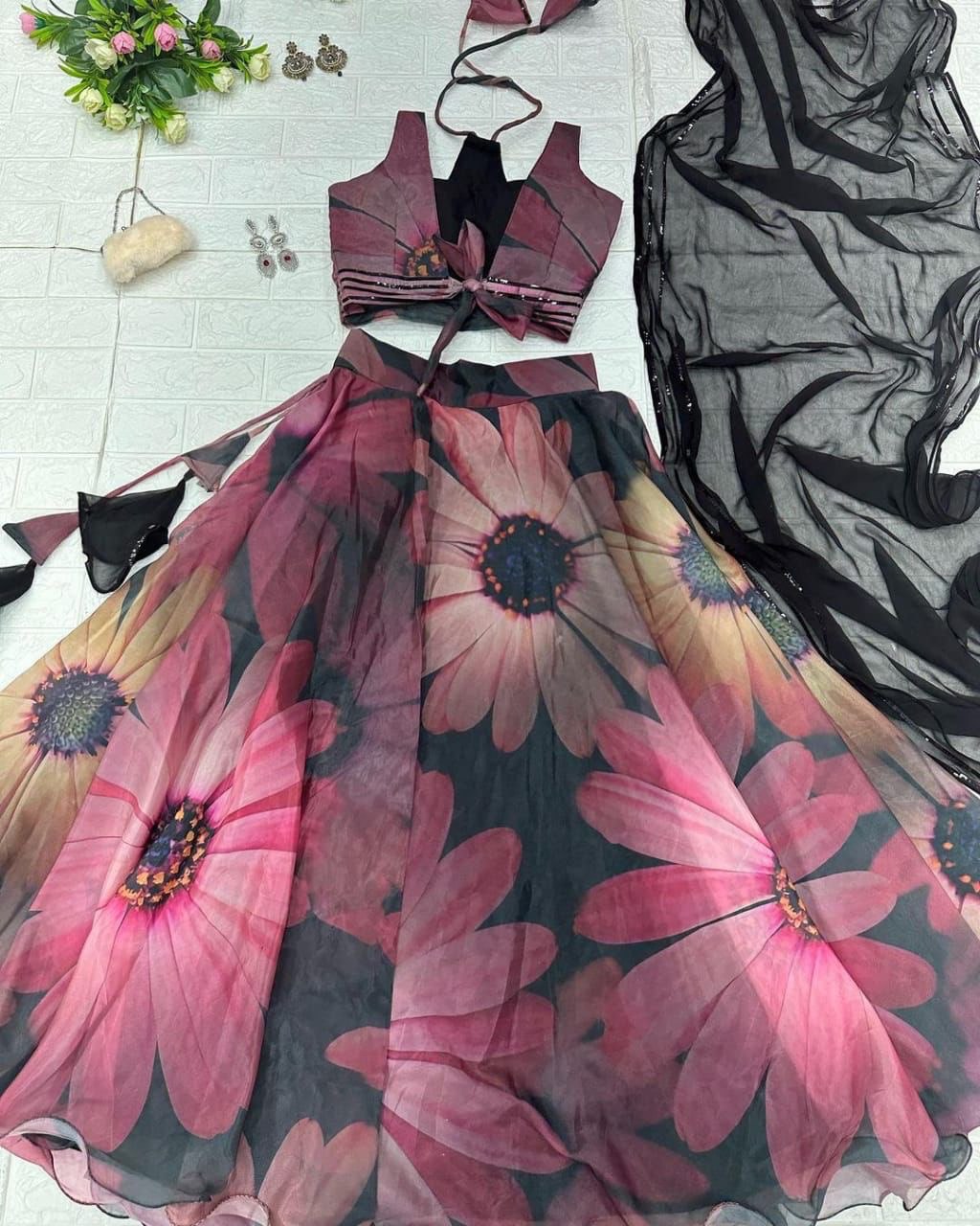 Gorgeous Black Color Digital Print Organza Lehenga Choli Clothsvilla