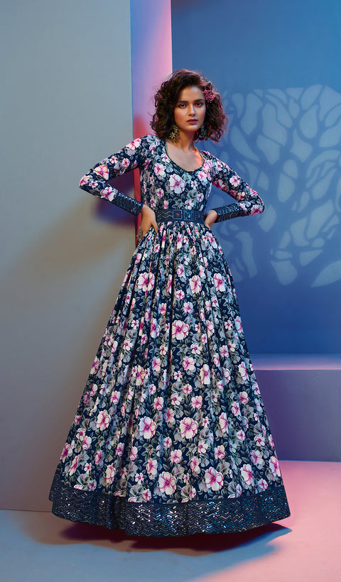 Gorgeous Blue Print With Sequince Embroidered Natural Crepe Anarkali Long Gown Semi Stitched ClothsVilla Main image