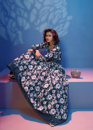 Gorgeous Blue Print With Sequince Embroidered Natural Crepe Anarkali Long Gown Semi Stitched ClothsVilla