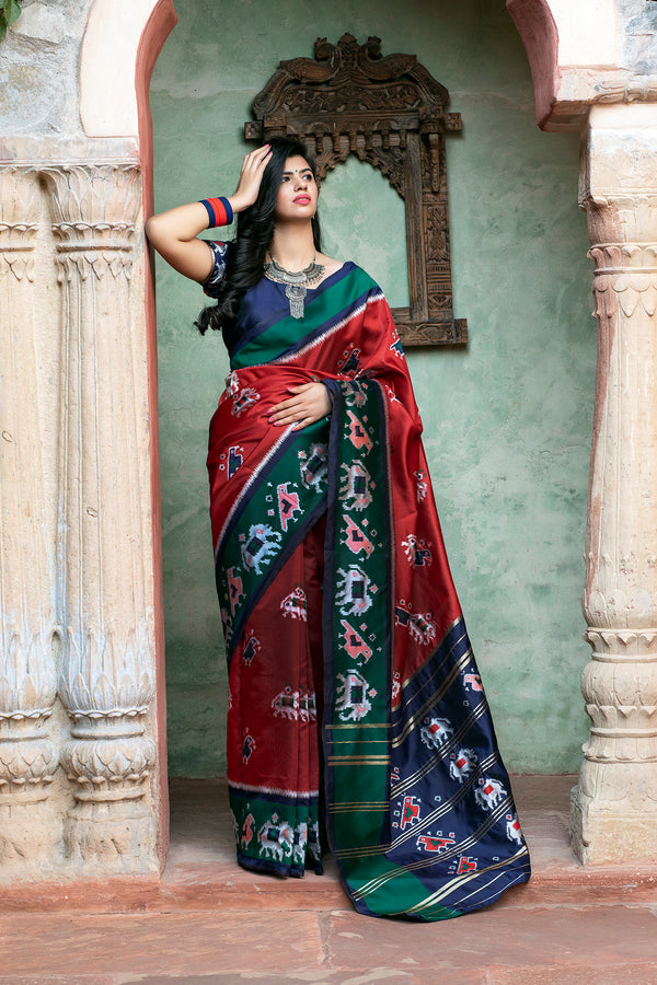 Gorgeous Brick Red Patola Silk Saree ClothsVilla