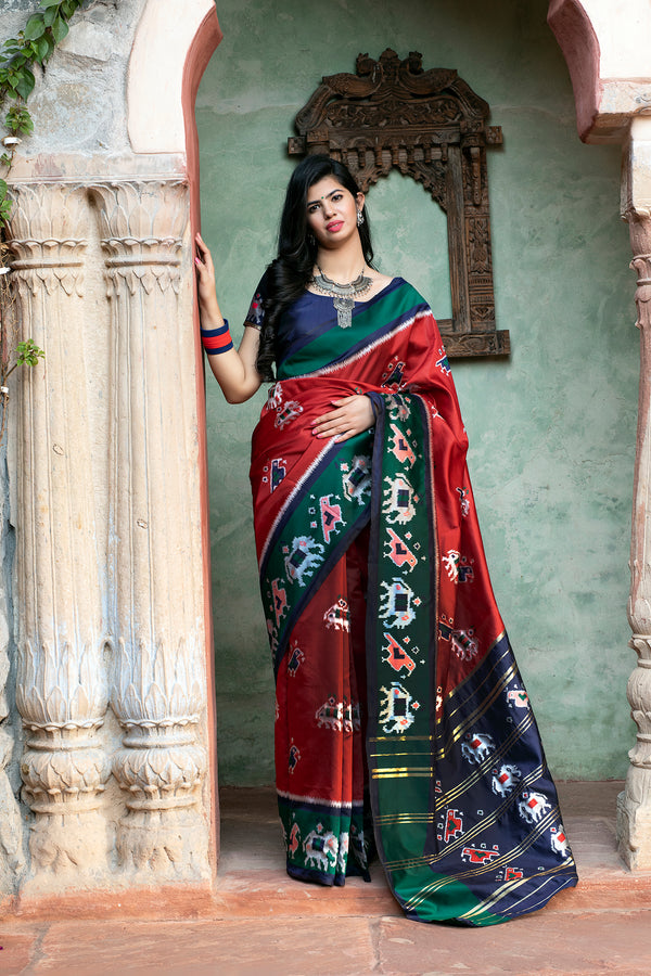 Gorgeous Brick Red Patola Silk Saree ClothsVilla