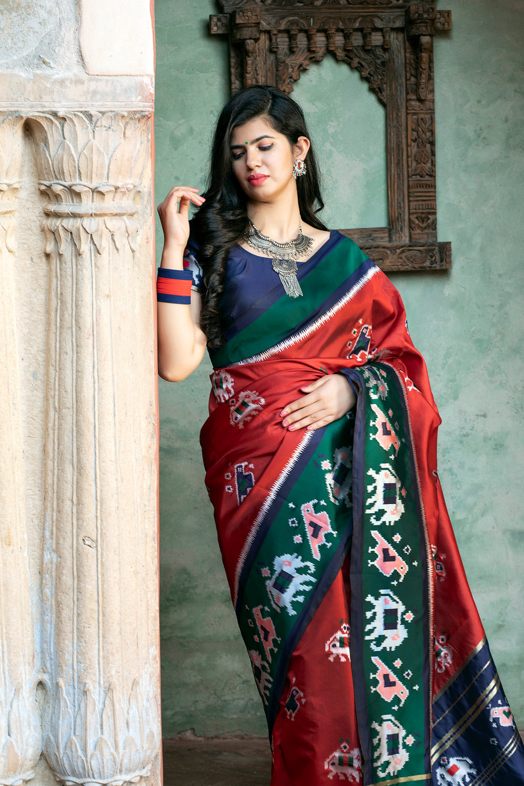 Gorgeous Brick Red Patola Silk Saree ClothsVilla
