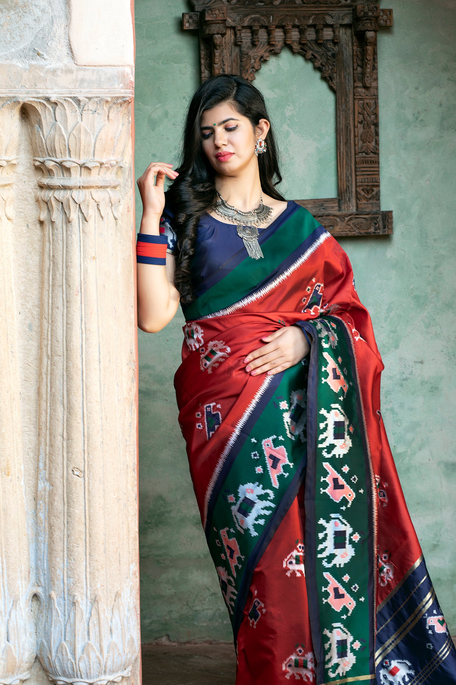 Gorgeous Brick Red Patola Silk Saree ClothsVilla