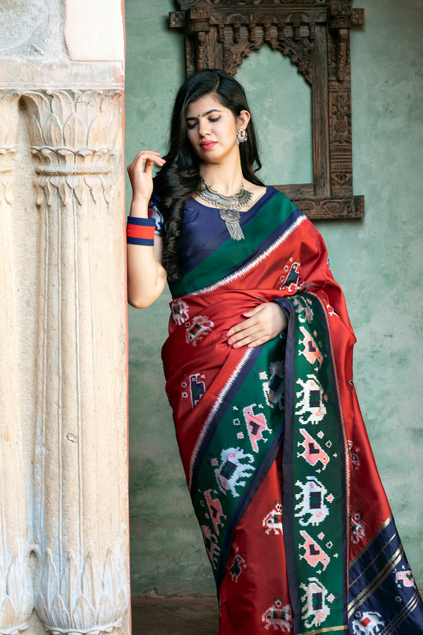 Gorgeous Brick Red Patola Silk Saree ClothsVilla